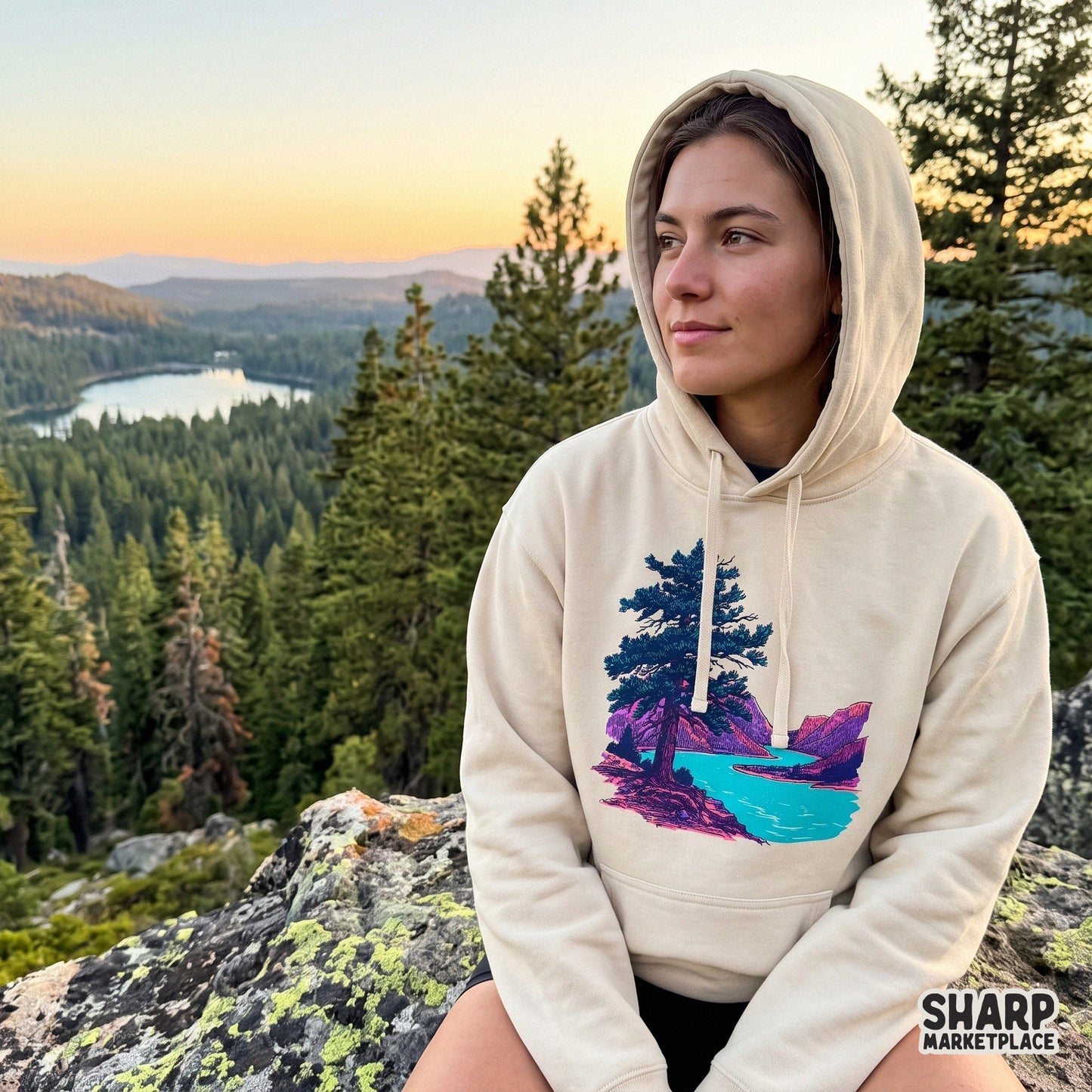 Teal and purple sketched pine tree by a river mountain landscape watercolor sublimation design for outdoor camping shirts