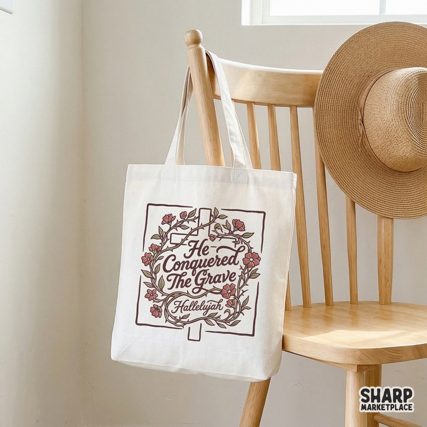 Floral cross digital graphic for Easter apparel, featuring deep maroon script and earthy green leaves, suitable for sublimation or custom printing.
