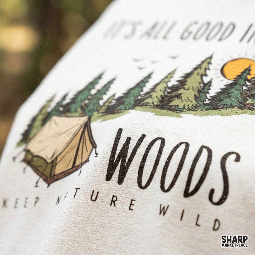 Retro camping tent and pine trees vintage outdoor graphic with It's All Good In The Woods text for t-shirt sublimation