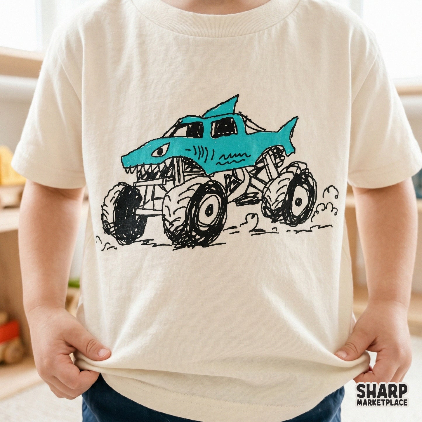 Energetic shark monster truck illustration with a hand-drawn aesthetic, suitable for sublimation transfers, tumblers, and creative racing-themed gifts.