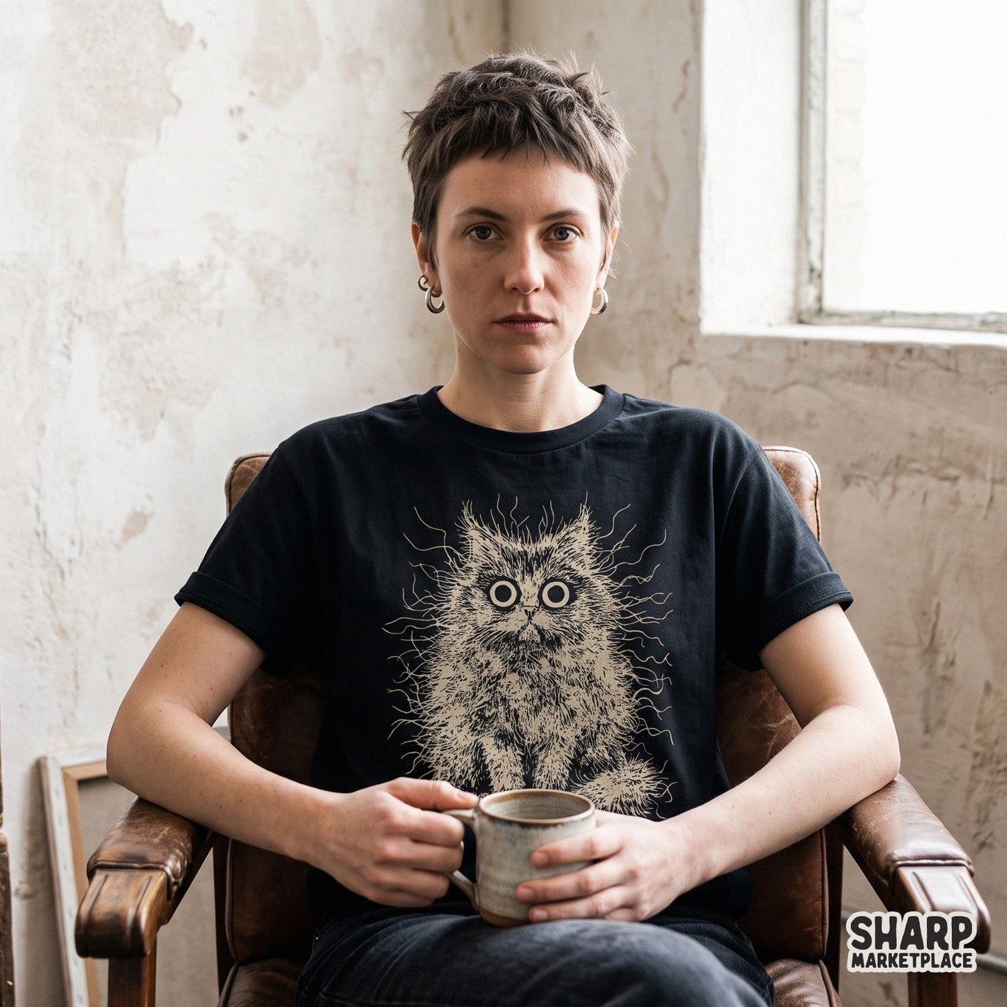 Unhinged frizzy fluffy cat with crazy wide eyes retro png graphic for trendy animal meme t-shirts