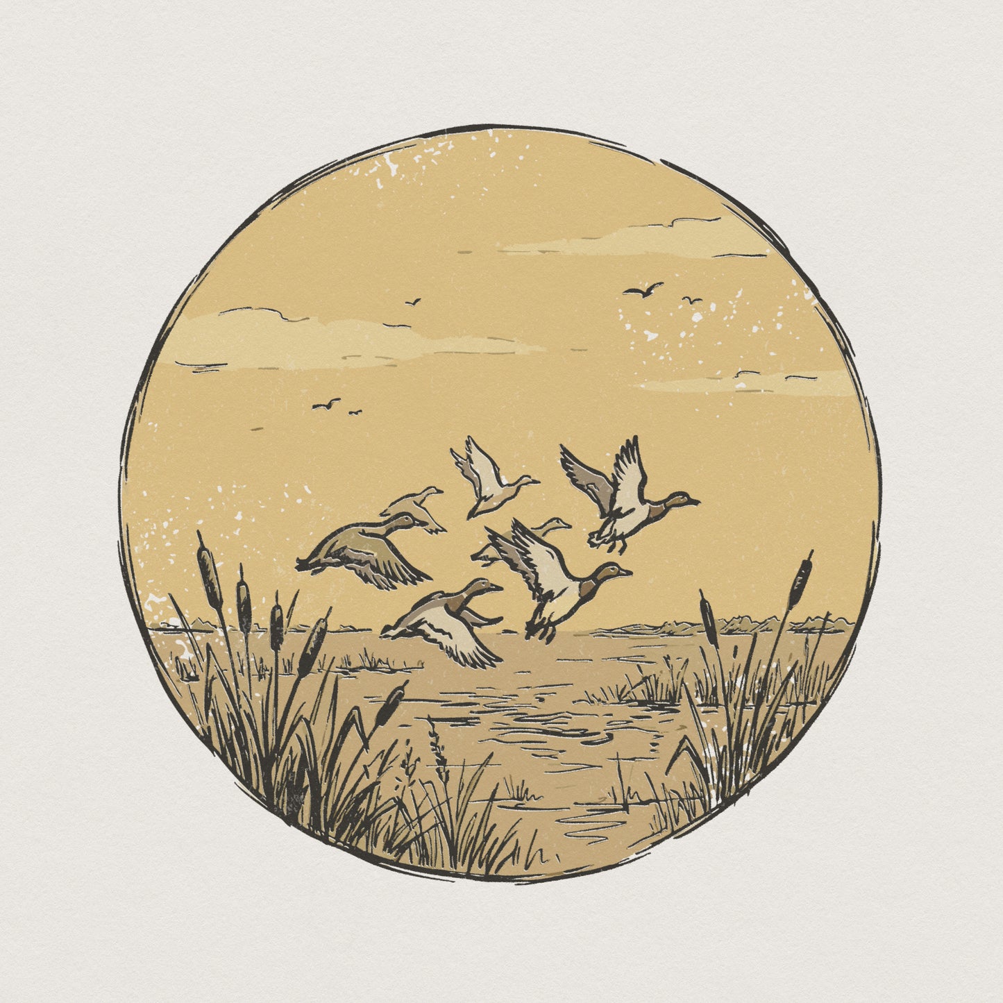 Vintage style circular illustration of a flock of ducks in flight over a marshy wetland with cattails, perfect for rustic apparel or wall art.