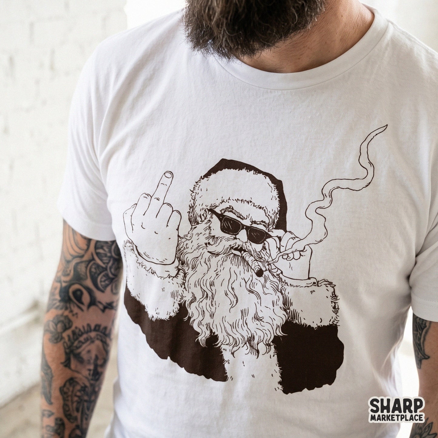 Edgy Rebel Santa smoking a cigar and showing the middle finger funny Christmas sublimation png for holiday shirts