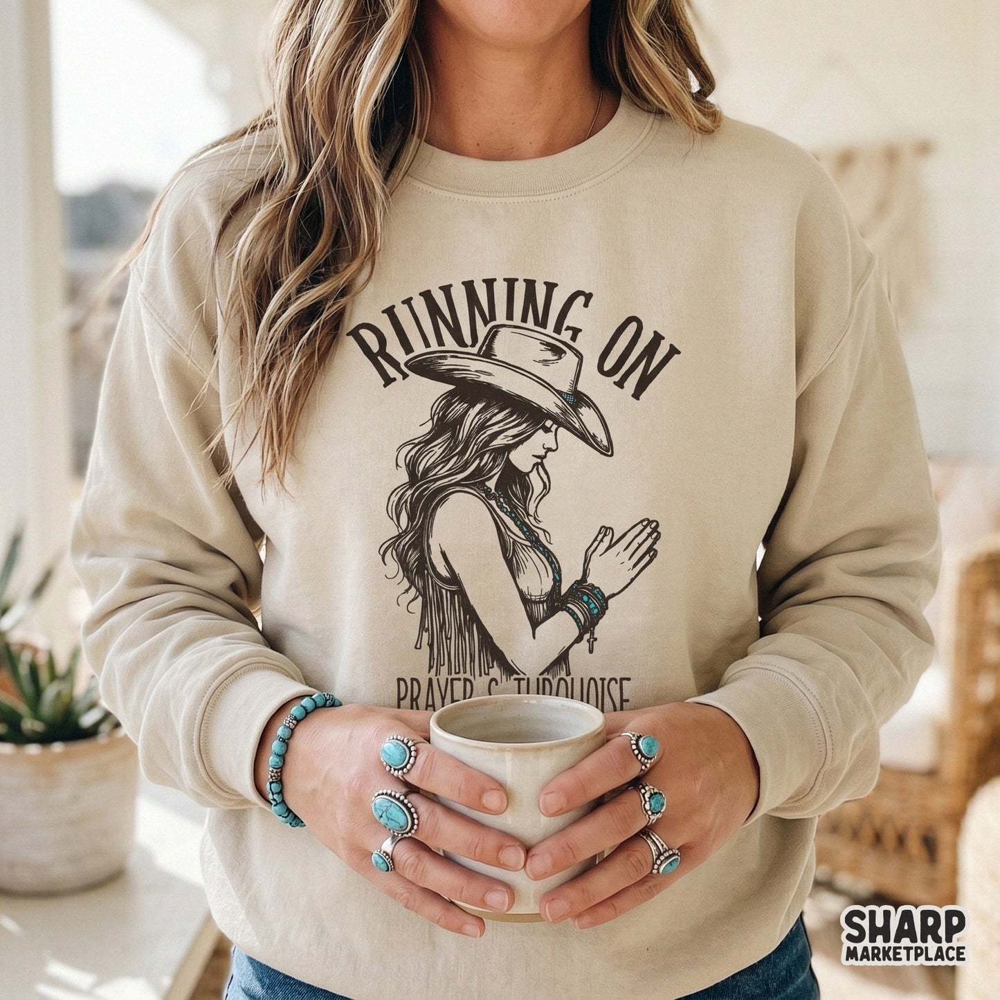 Detailed western cowgirl illustration with turquoise jewelry and cross charm, designed for sublimation printing on apparel, tumblers, or stickers.