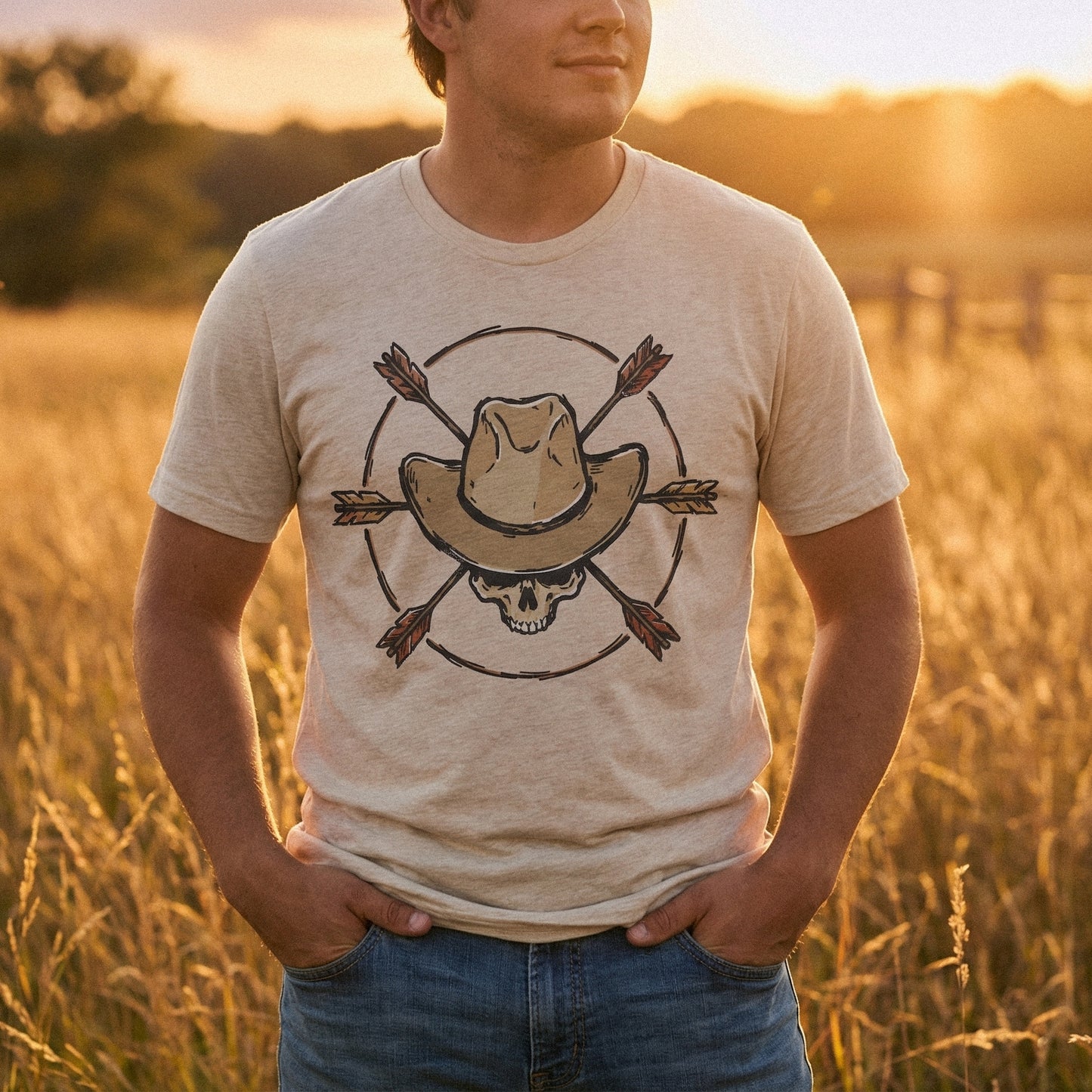 Digital western design featuring a weathered skull, tan cowboy hat, and crossed arrows, ideal for printable stickers, tumblers, and rugged shirt art.