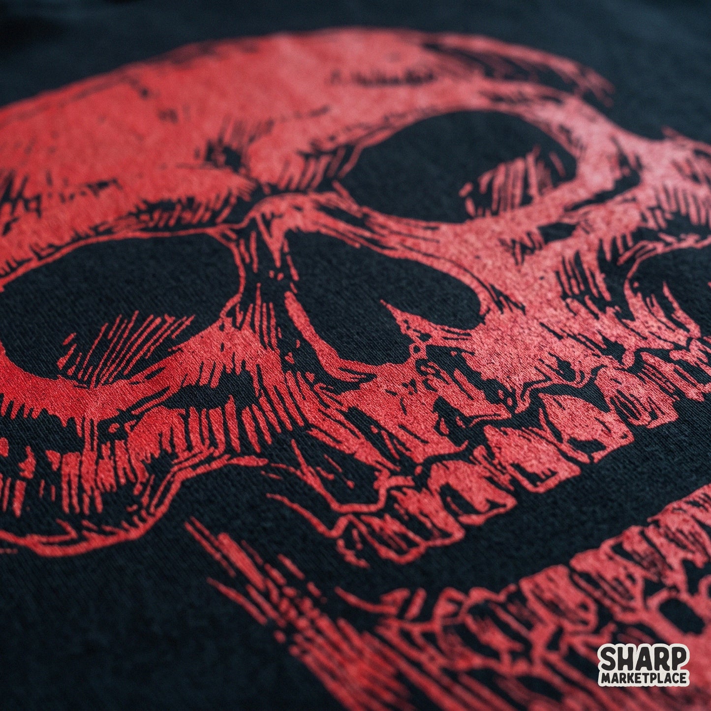 Red macabre skull drawing on a dark background for edgy gothic Halloween shirts and spooky season sublimation designs
