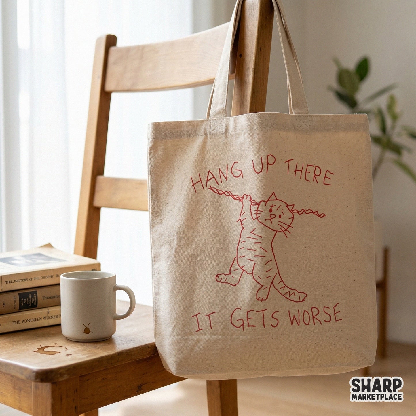 Sarcastic digital illustration of a kitten in a red doodle style hanging from a rope, perfect for funny t-shirt sublimation or unique sticker designs.