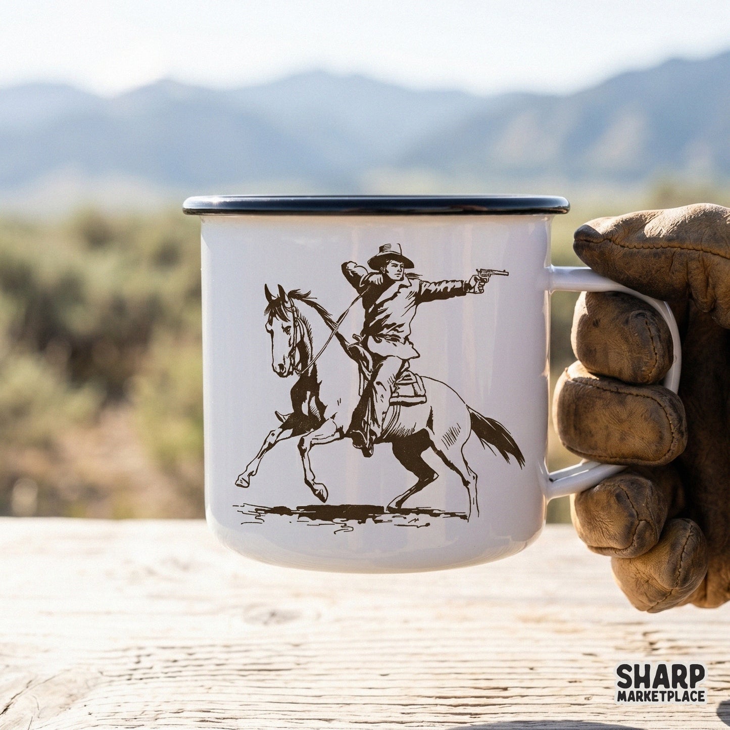 High-contrast western sketch of a galloping cowboy with a pistol, ideal for creating custom stickers, tumblers, and frontier-style wall art.