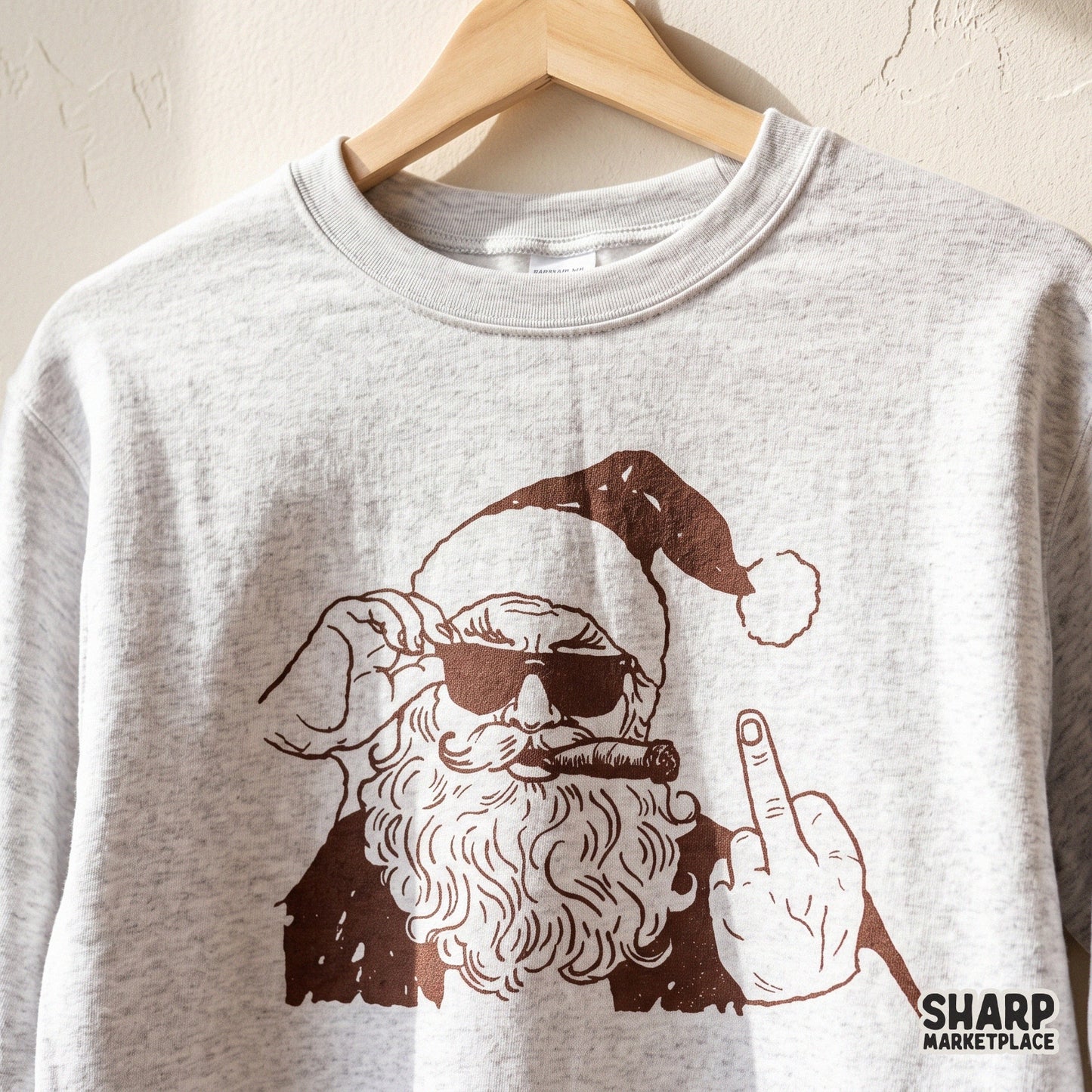 Bad Santa smoking cigar and showing middle finger in a vintage retro Christmas sublimation design for funny holiday shirts