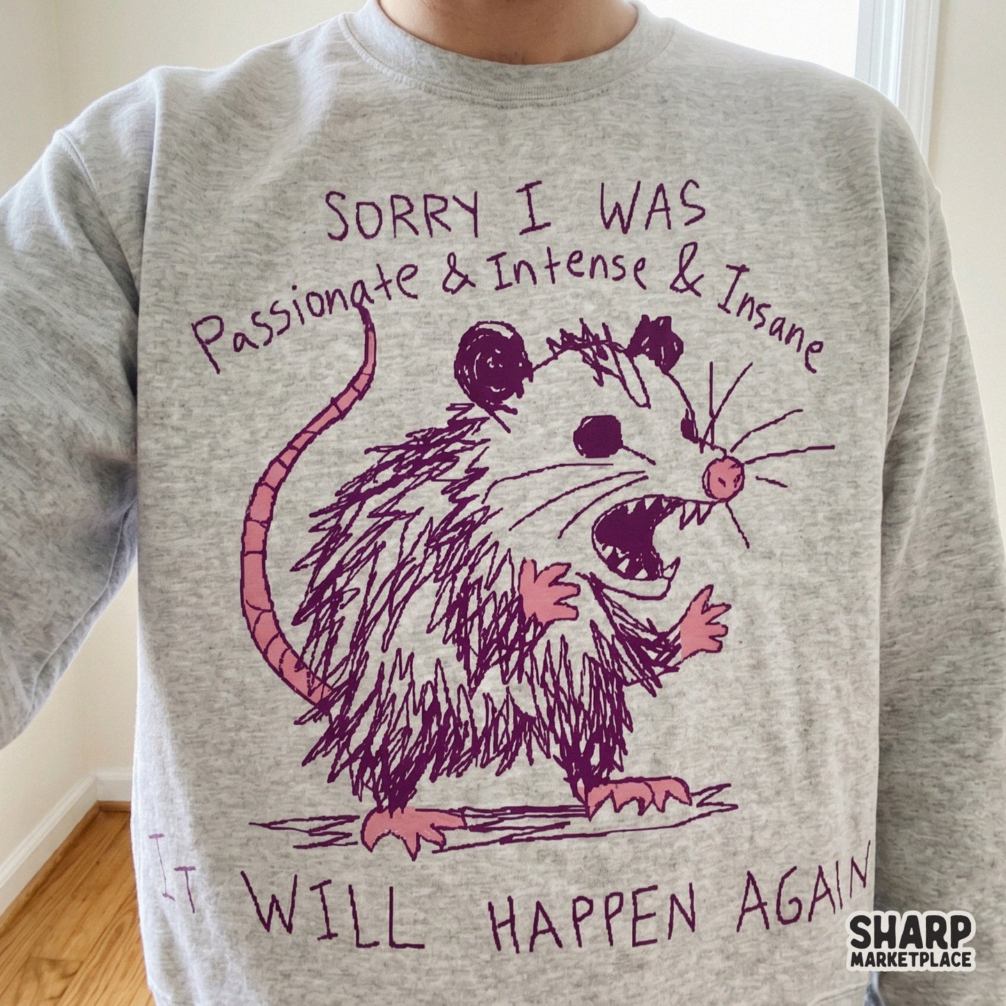 Hand-lettered sarcastic animal design featuring a screaming possum sketch, ideal for DTF transfers, apparel, and trendy meme-inspired DIY craft projects.