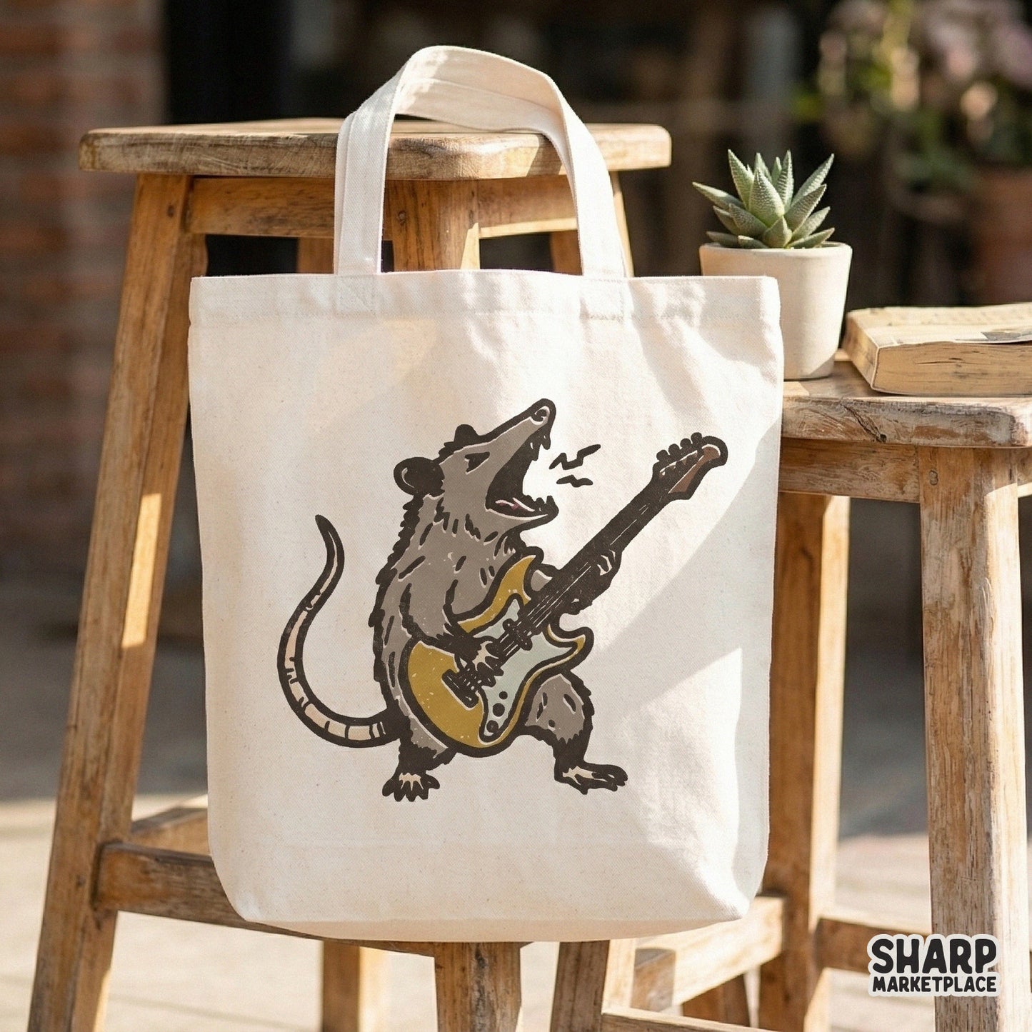 Edgy marsupial musician graphic with a yellow guitar and distressed charcoal textures, suitable for unique sublimation transfers and apparel art.