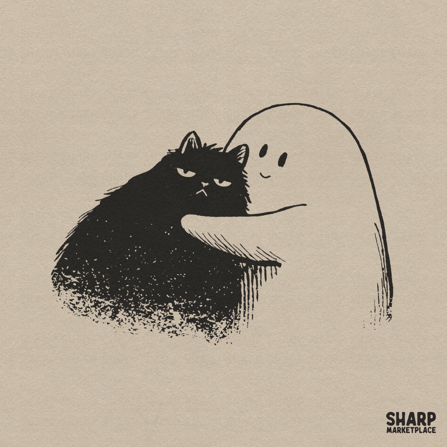 Cute ghost hugging a grumpy black cat Halloween spooky season PNG for funny fall shirt designs and witchy sublimation