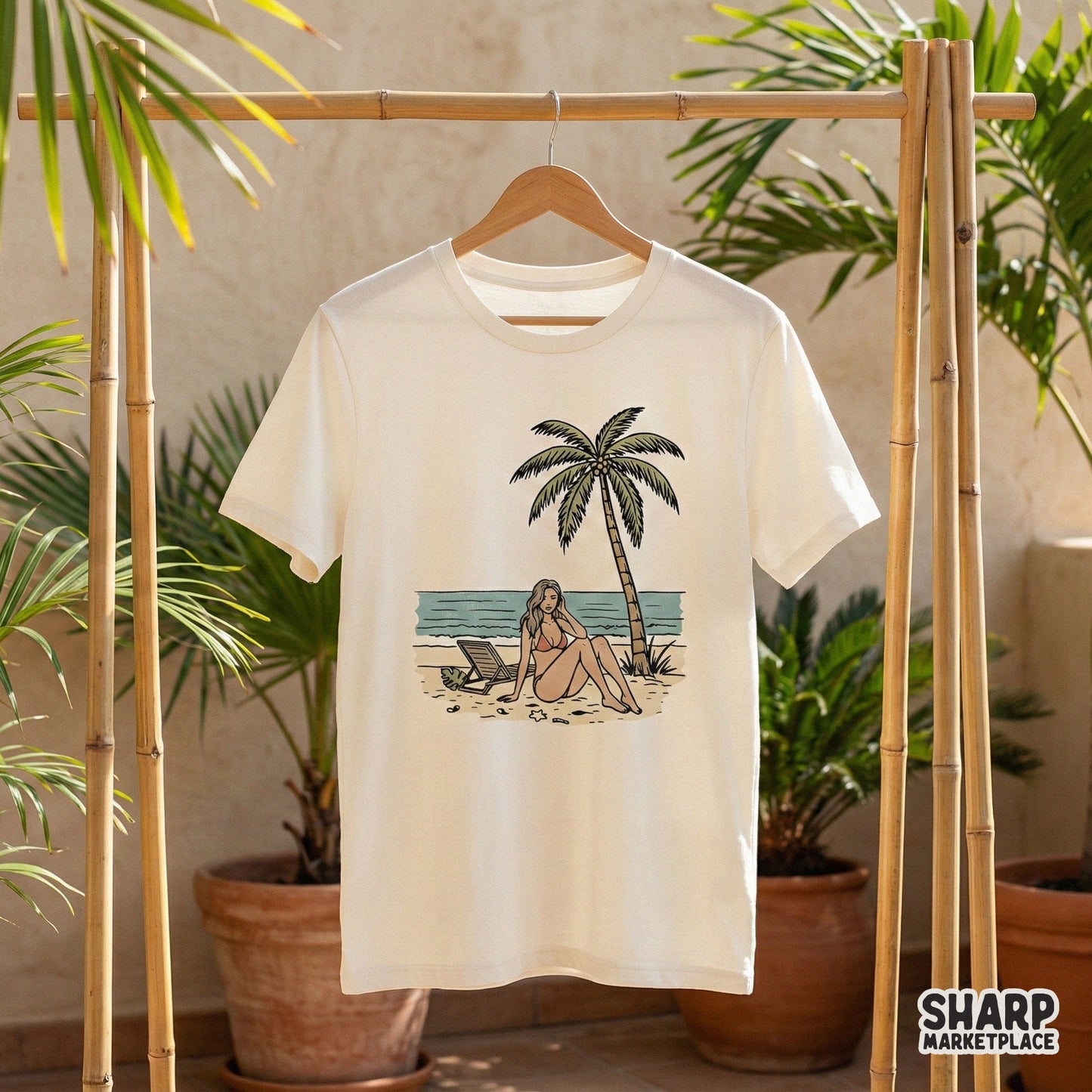Retro Beach Girl PNG, Summer Palm Tree Digital Design - 300 DPI Design