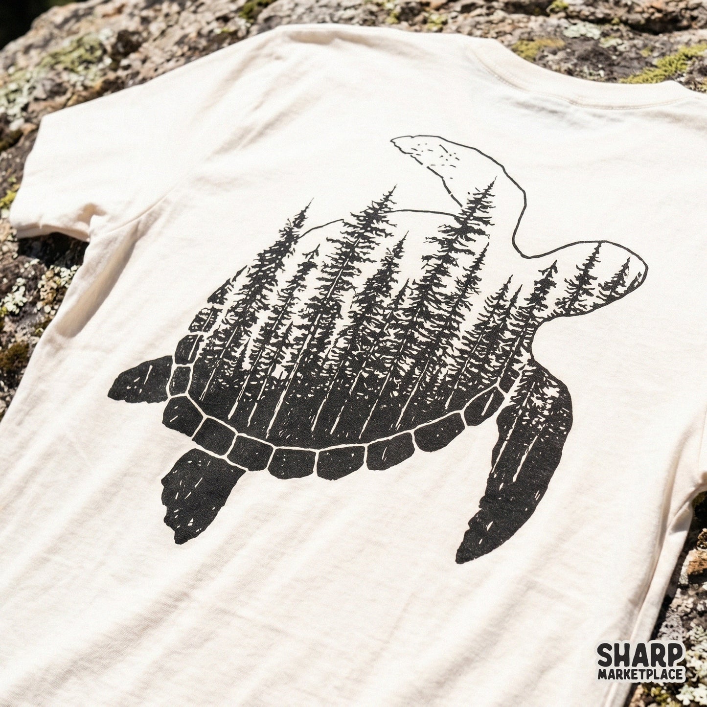 Rustic woodland sea turtle illustration with a pine tree fill, ideal for outdoor adventure DIY projects, wall art, and custom nature apparel.