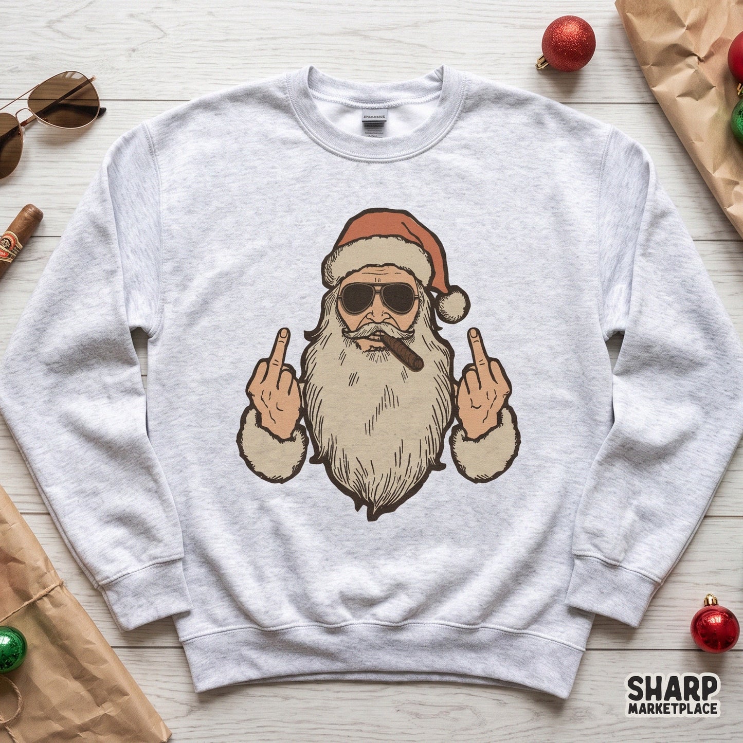 Vintage Bad Santa smoking a cigar and flipping the bird, funny Christmas PNG for sarcastic holiday sublimation designs
