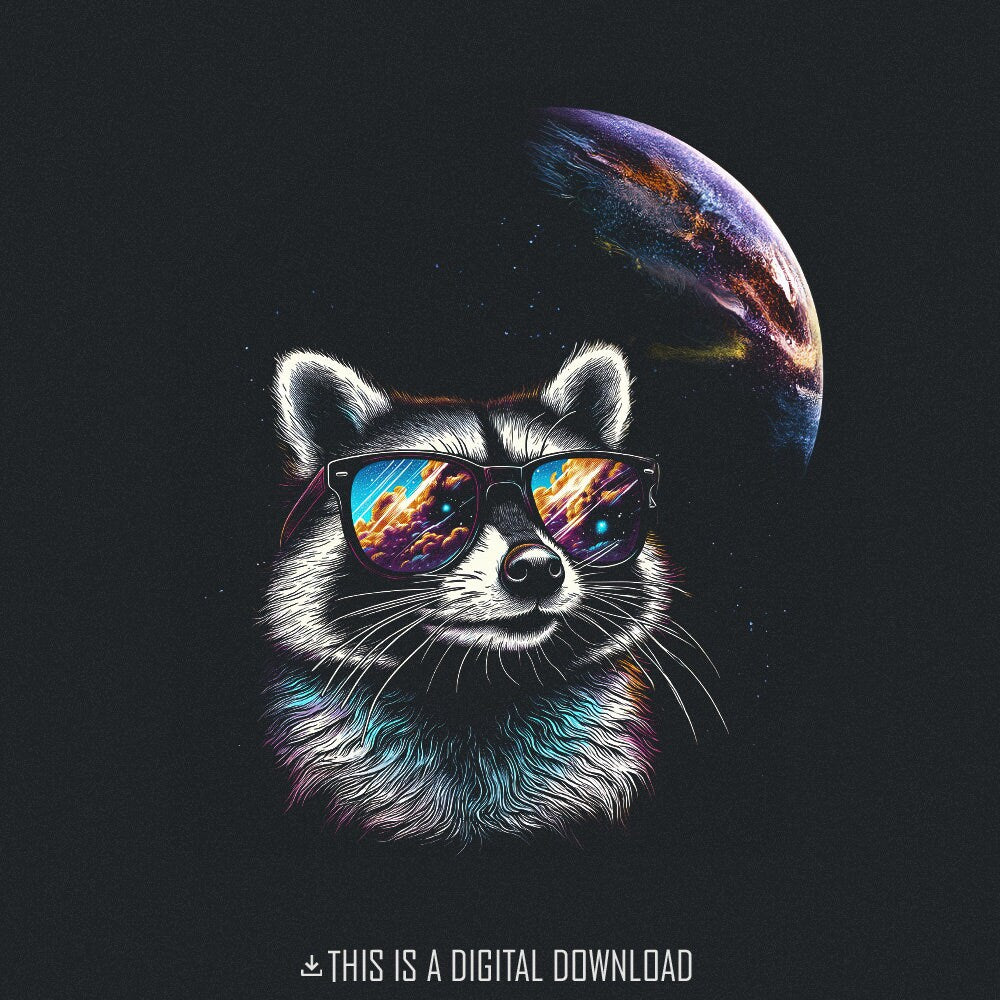 Cosmic Raccoon PNG, Space Sunglasses Art - 300 DPI Design for T-Shirt