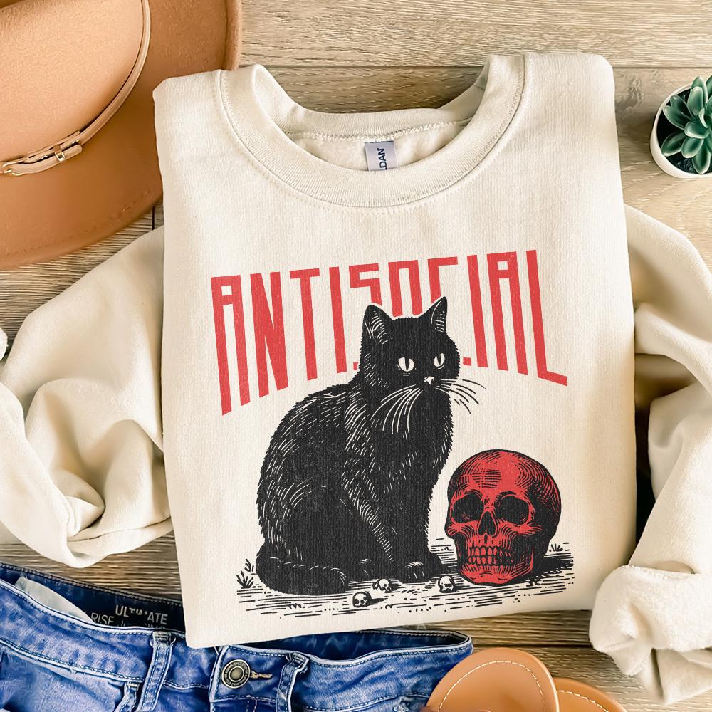Antisocial Cat PNG, Retro Vintage T-Shirt Graphic - 300 DPI Design for