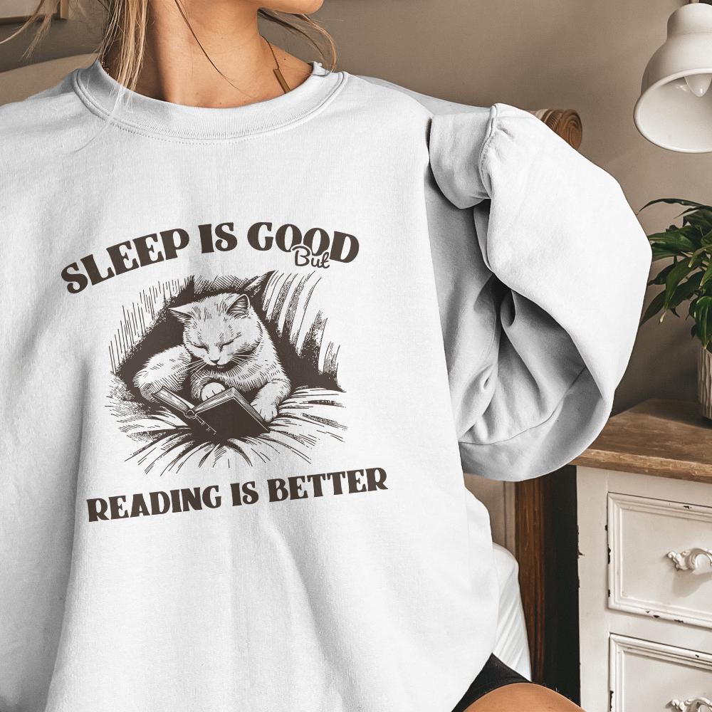 Sleep is Good but Reading is Better PNG Alt 2, Trendy Bookish Cat Art -