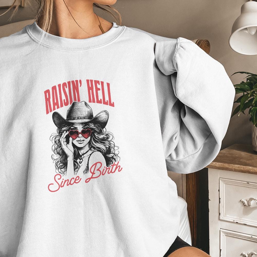 Raising Hell Since Birth PNG Alt 2, Retro Cowgirl PNG - 300 DPI Design