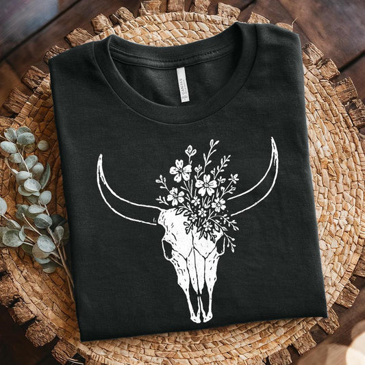 Boho Cow Skull with Wildflowers PNG Art, Western Floral Skull PNG - 300