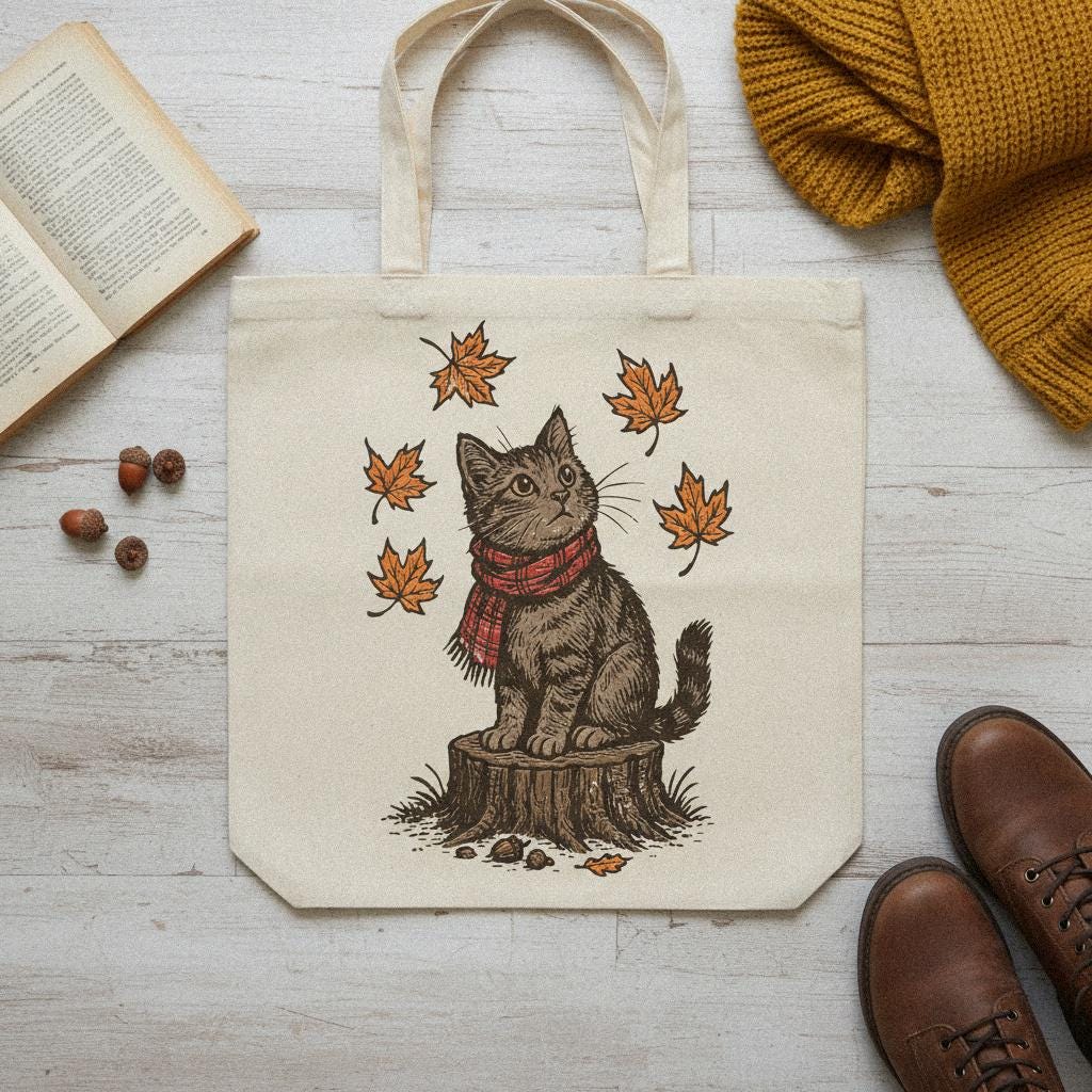 Autumn Cat PNG, Cute Cat on Tree Stump with Falling Leaves - 300 DPI