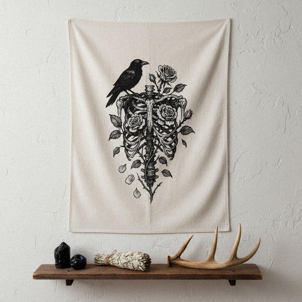 Raven Skeleton with Roses PNG, Gothic Floral Ribcage Digital Download -