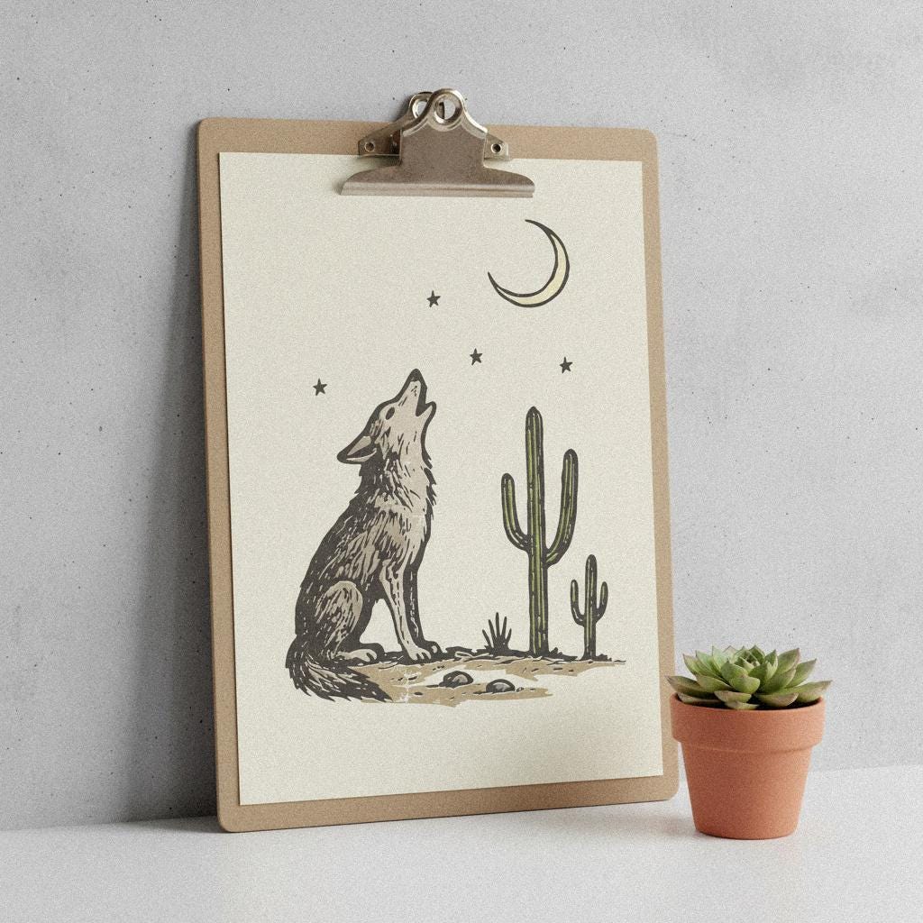 Howling Wolf and Moon PNG, Desert Cactus Boho Western Shirt Design - 300