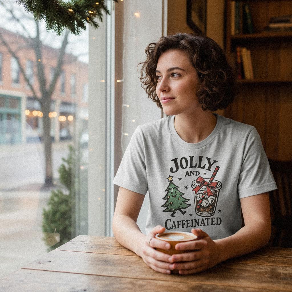 Jolly And Caffeinated PNG, Christmas Coffee Shirt - 300 DPI Design for