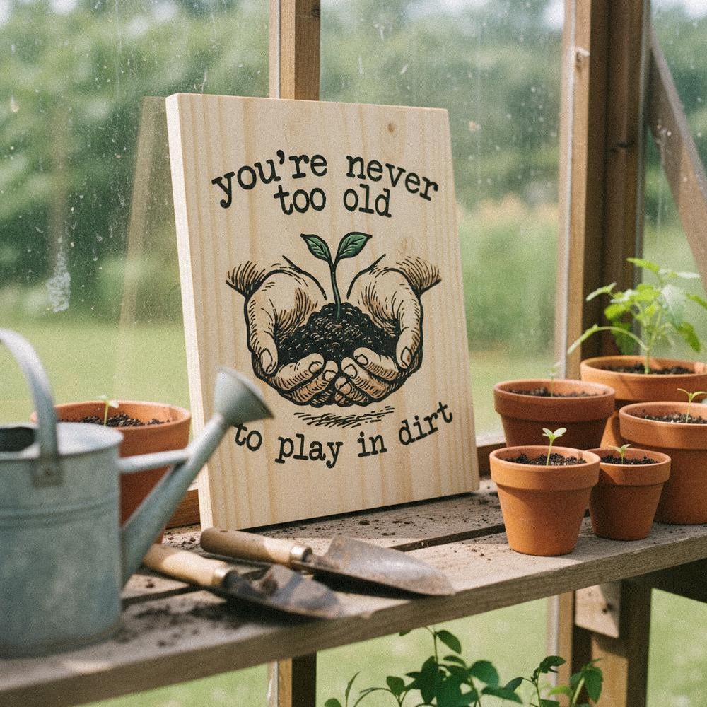 You’re Never Too Old to Play in Dirt PNG, Gardening Digital Art - 300 DPI