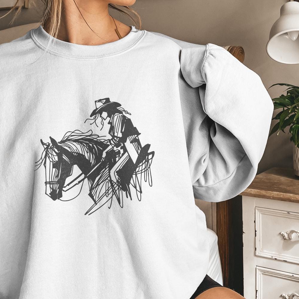 Cowgirl on Horseback PNG, Minimalist Western Rider - 300 DPI Design for