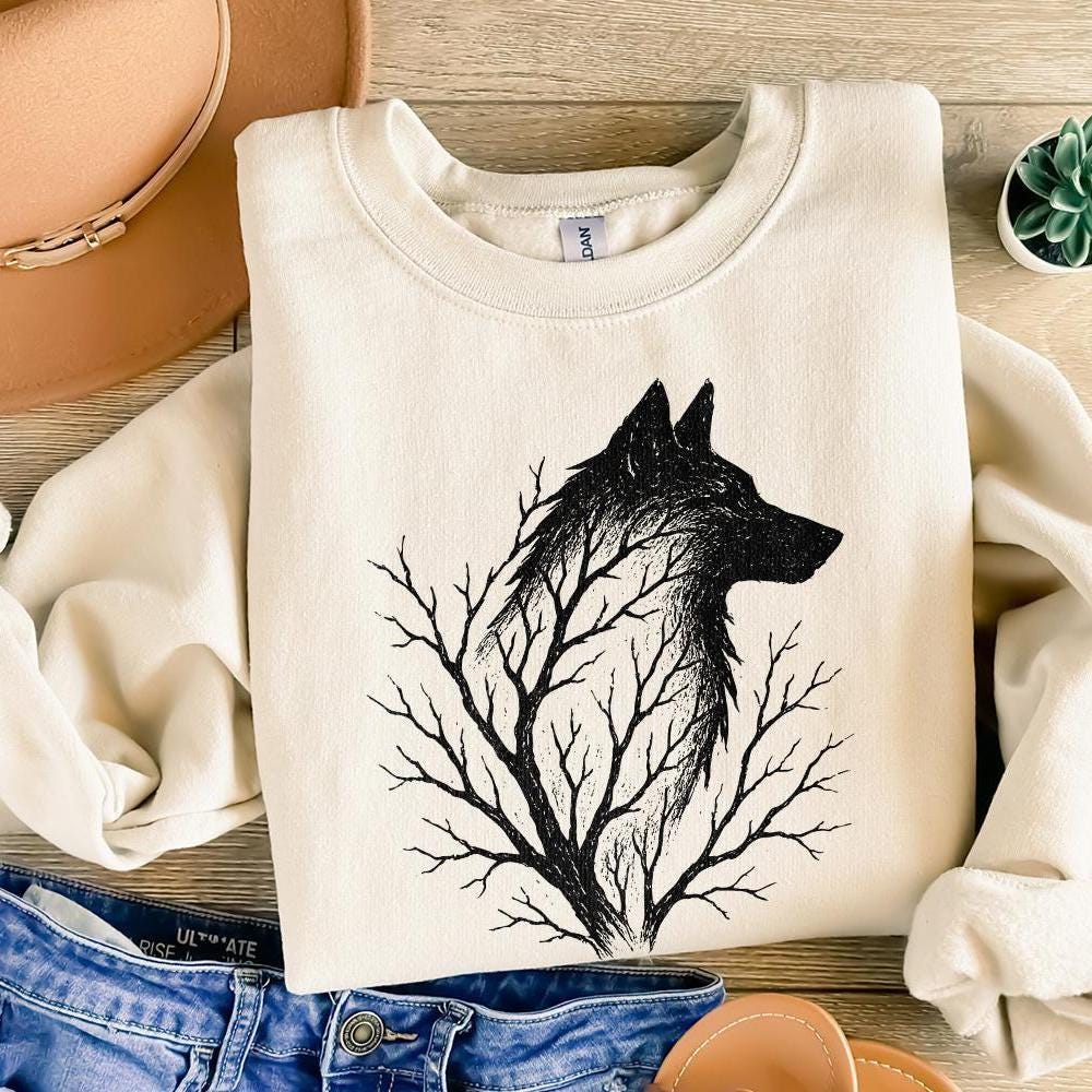 Wolf Silhouette with Tree Branches PNG, Forest Wolf Art PNG - 300 DPI