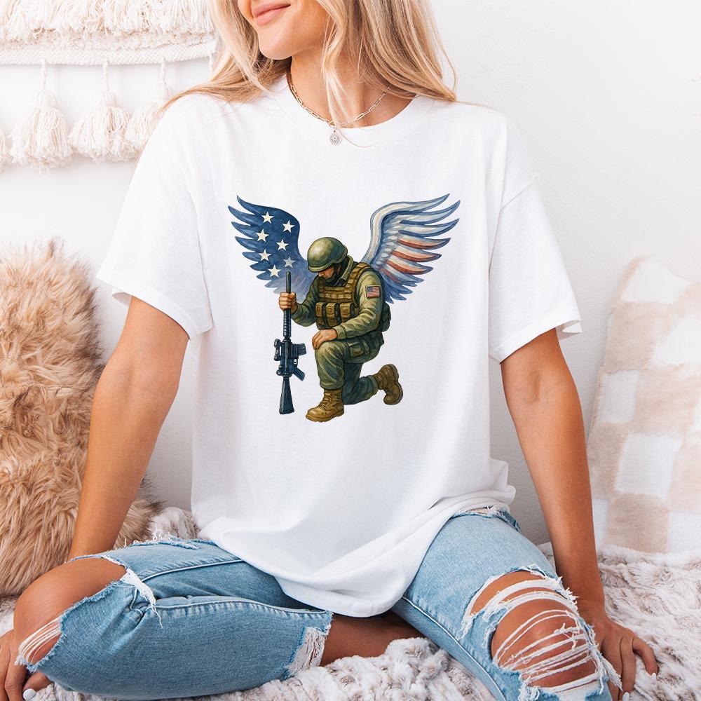 American Soldier Angel Man Praying PNG, USA Flag - 300 DPI Design for