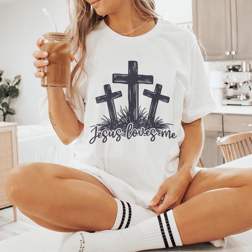 Jesus Loves Me PNG, Three Crosses Christian Sublimation Design - 300 DPI
