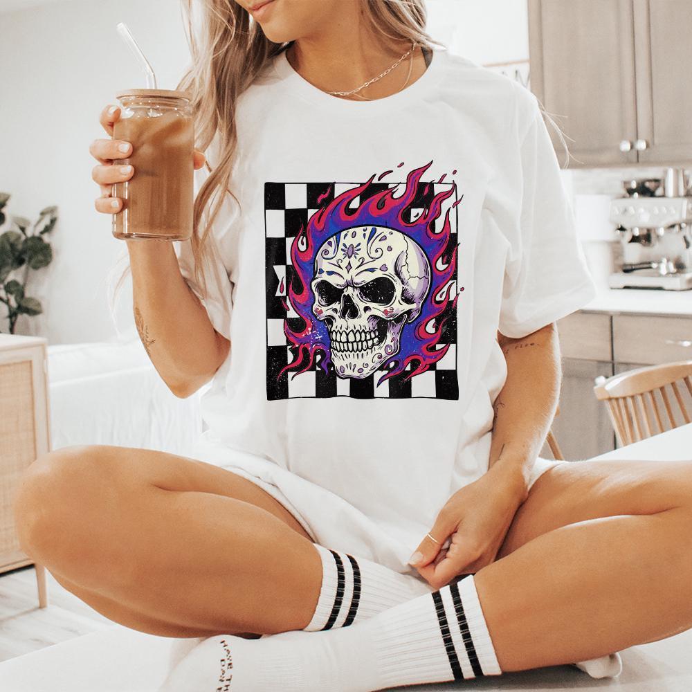 Colorful Flaming Skull PNG, Neon Skull Clipart with Checkerboard - 300