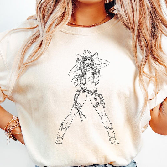 Bold Cowgirl Stance PNG, Western Action Art - 300 DPI Design for T-Shirt