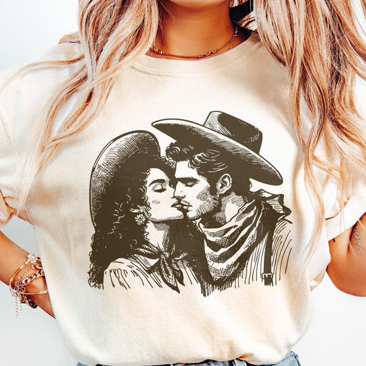 Western Cowboy Cowgirl Kiss PNG, Vintage Illustration - 300 DPI Design