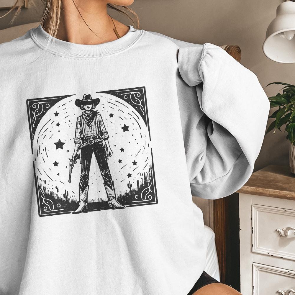 Retro Cosmic Cowgirl PNG for Print, Western Starry Night png - 300 DPI