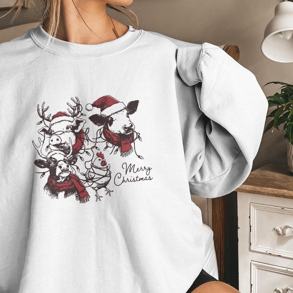 Cute Christmas Farm Animals PNG, Retro Farm Xmas Clipart - 300 DPI Design