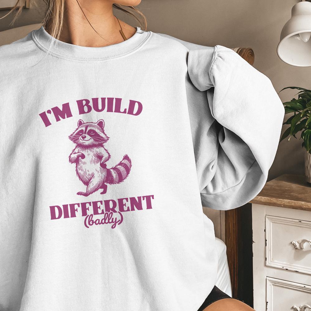I'm Built Different PNG, Motivational and Sarcastic Raccoon Humor Quote -