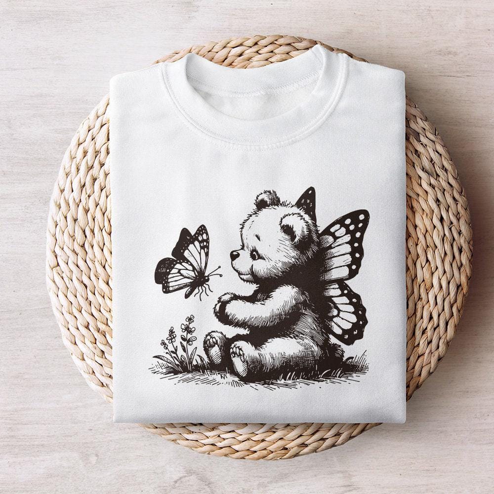 Adorable Bear with Butterfly Wings PNG, Vintage Animal Sketch - 300 DPI