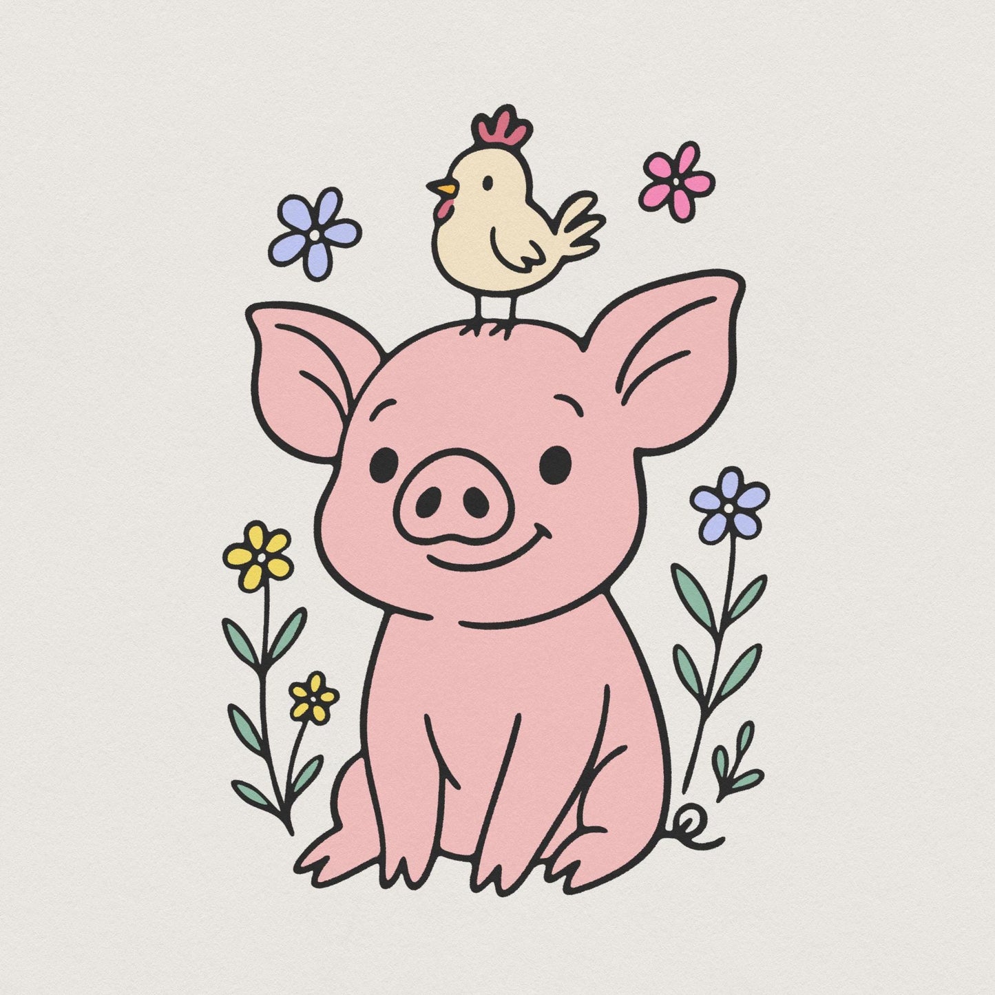 Adorable Pig and Chick PNG, Funny Vintage Farm Clipart - 300 DPI Design