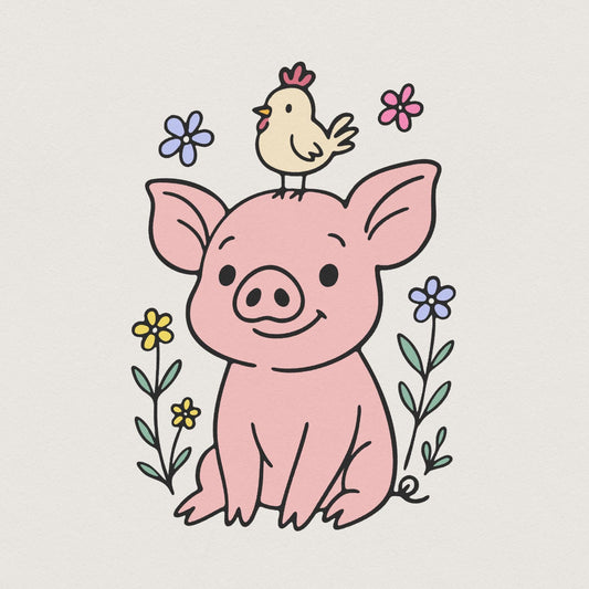 Adorable Pig and Chick PNG, Funny Vintage Farm Clipart - 300 DPI Design