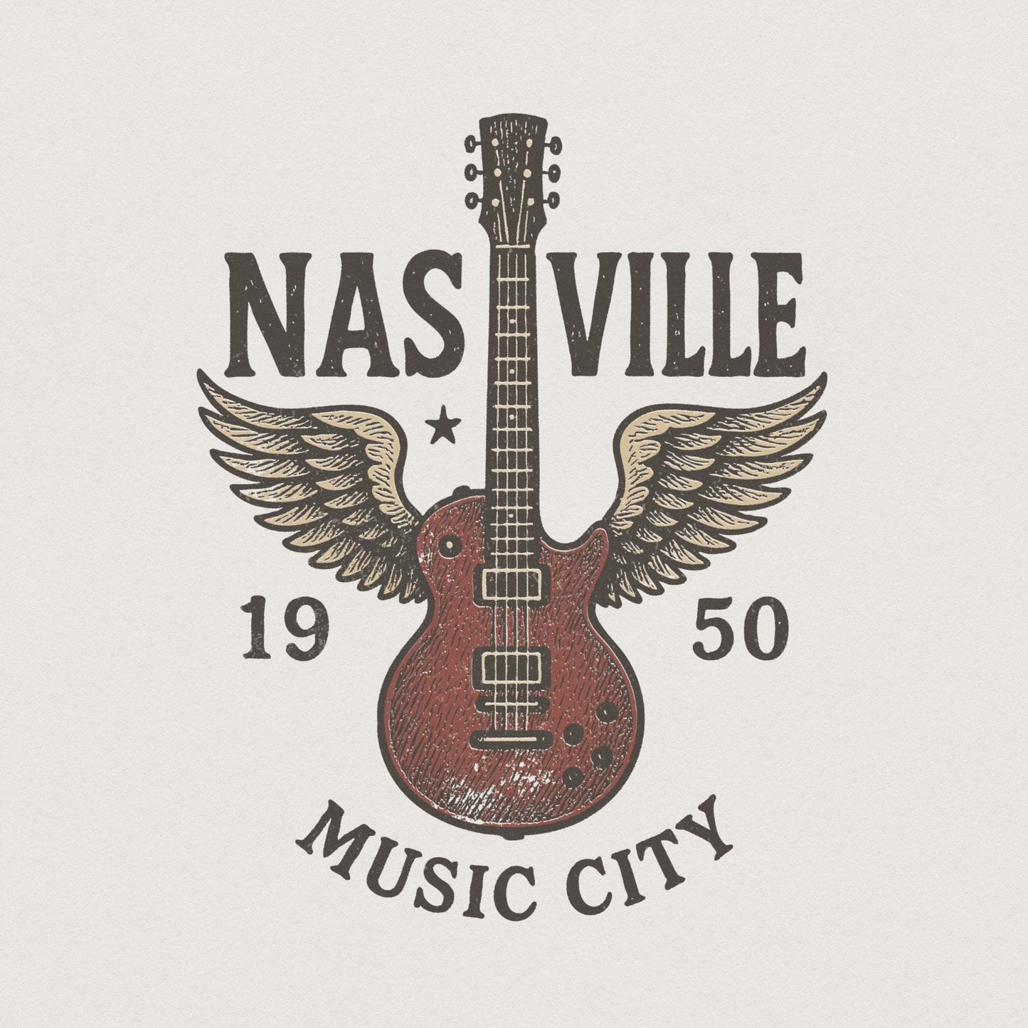 Nashville Music City PNG, 1950 Guitar Wings Art - 300 DPI Design for
