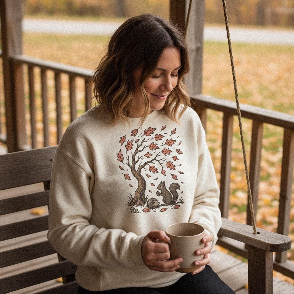 Autumn Woodland Animals PNG, Squirrel and Hedgehog Under Tree - 300 DPI