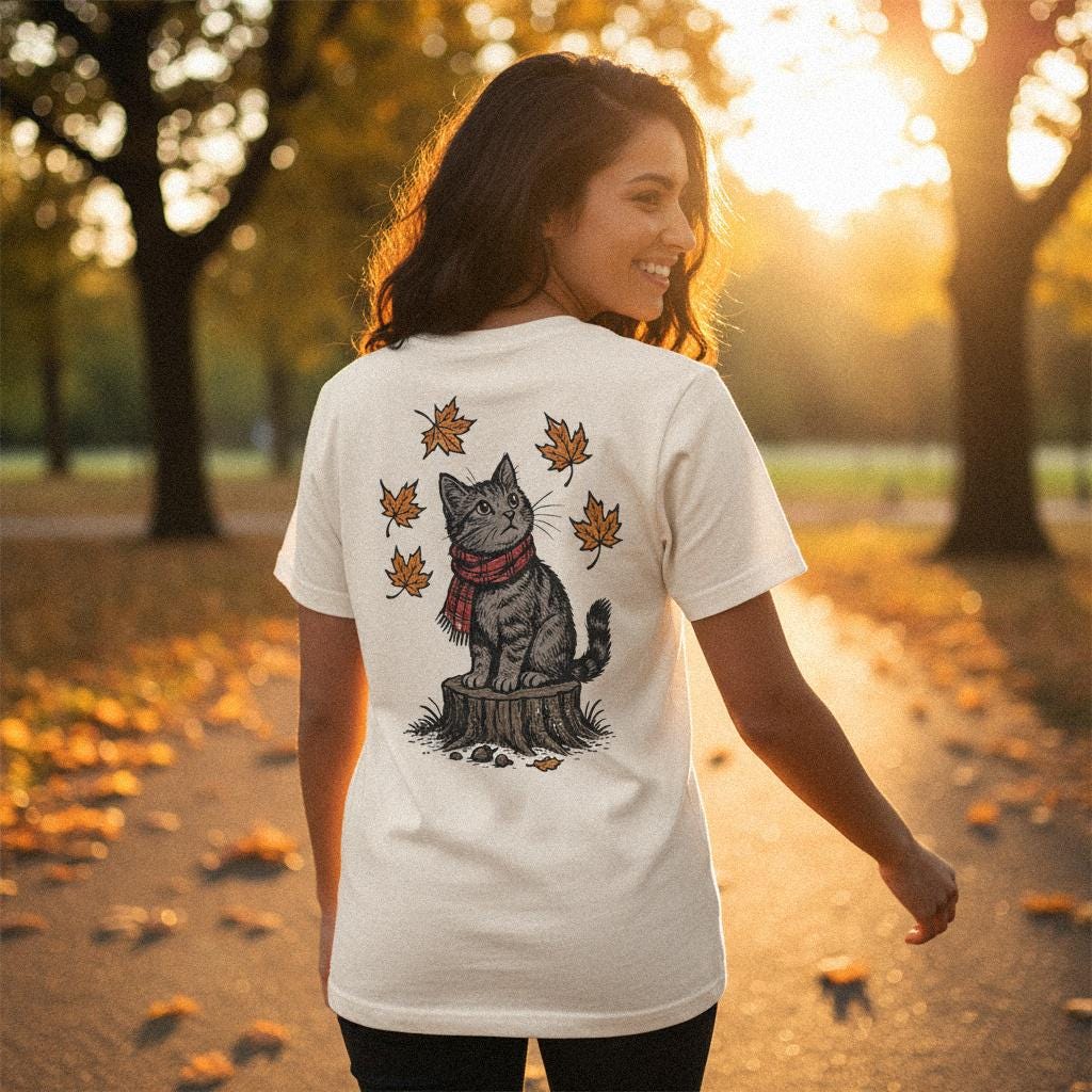 Autumn Cat PNG, Cute Cat on Tree Stump with Falling Leaves - 300 DPI