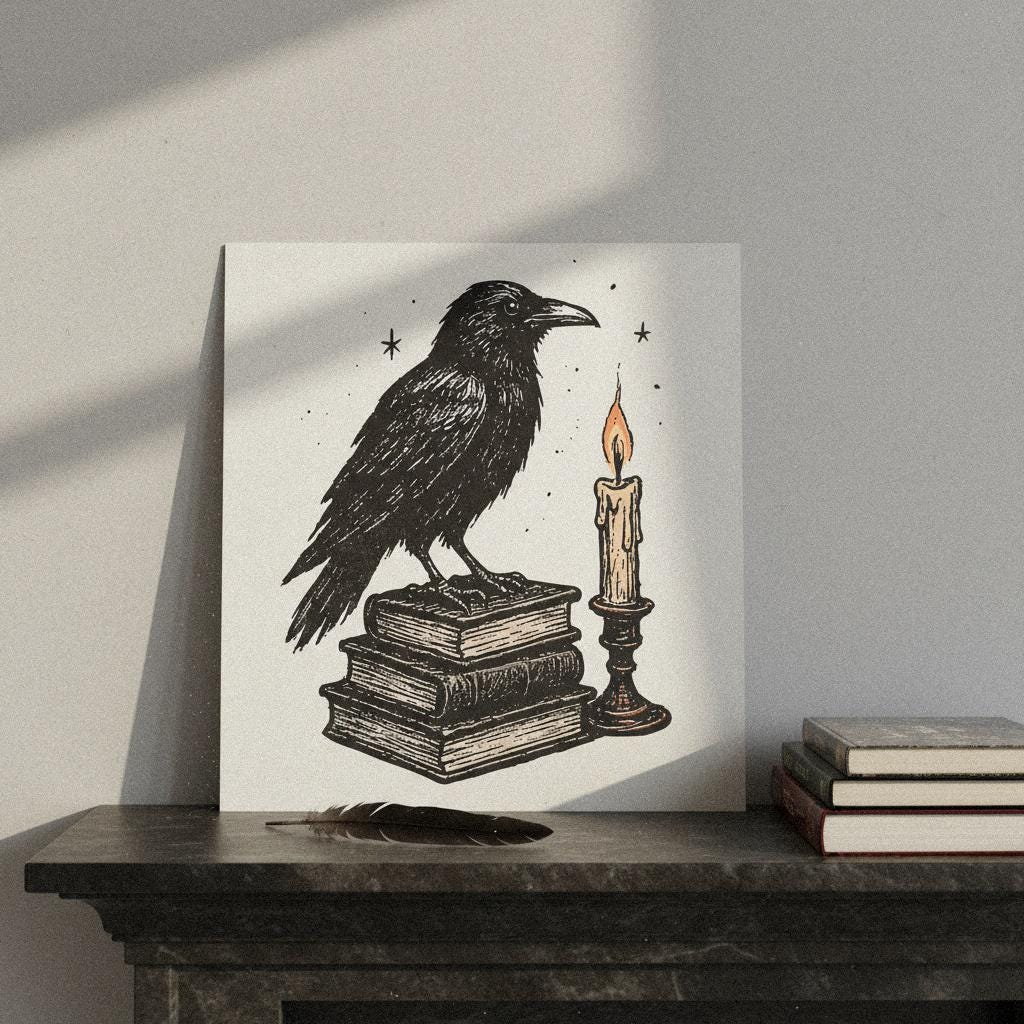 Raven On Books PNG, Vintage Crow Illustration - 300 DPI Design for T-Shirt