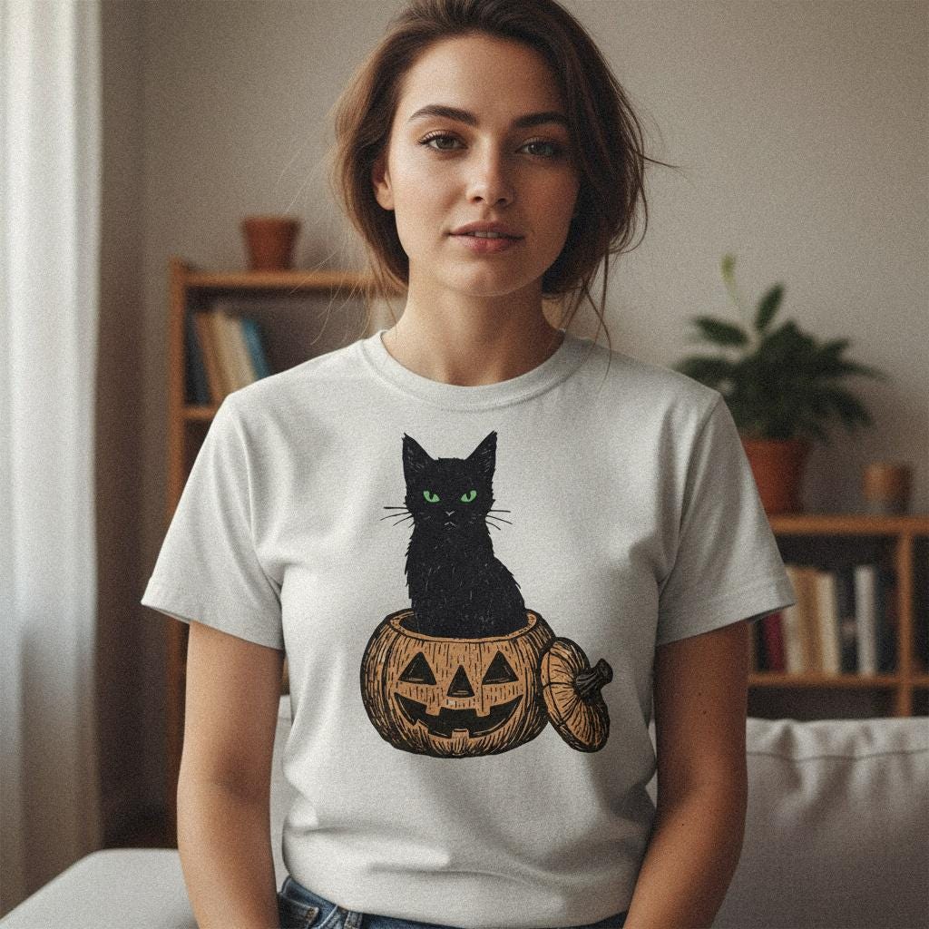 Black Cat In Pumpkin PNG, Halloween Cat Clipart PNG - 300 DPI Design for