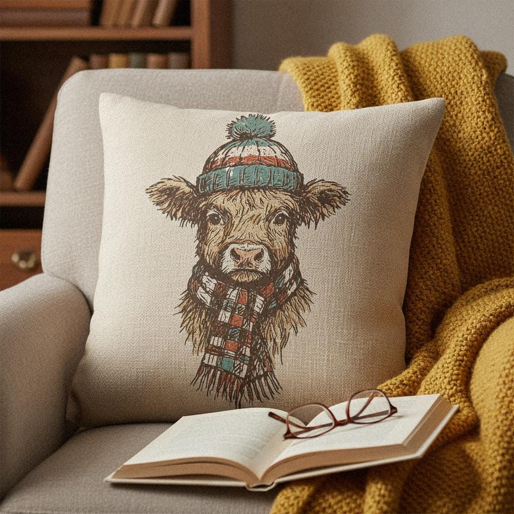 Highland Cow With Winter Hat PNG, Cute Farm Animal Digital Download - 300