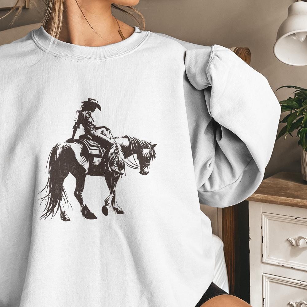 Cowgirl Sketch on Horseback PNG, Abstract Western Illustration - 300 DPI