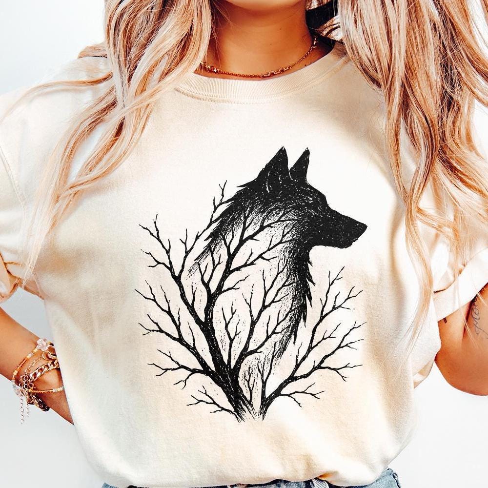 Wolf Silhouette with Tree Branches PNG, Forest Wolf Art PNG - 300 DPI